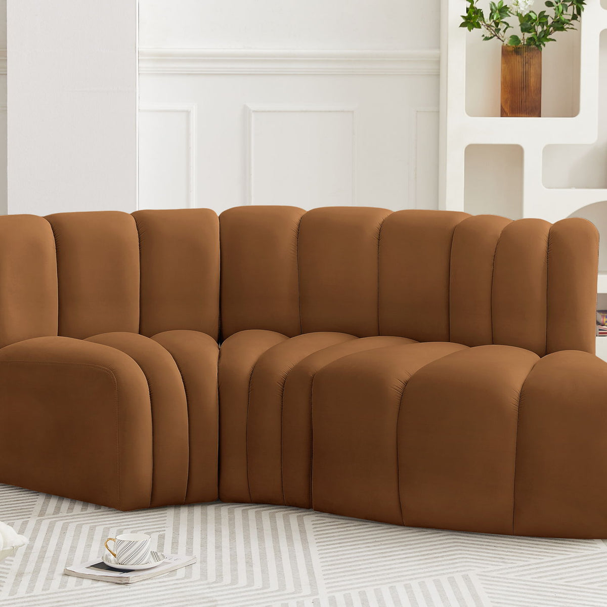 Arc - Velvet 3 Piece Modular L-Shaped Sofa - Saddle