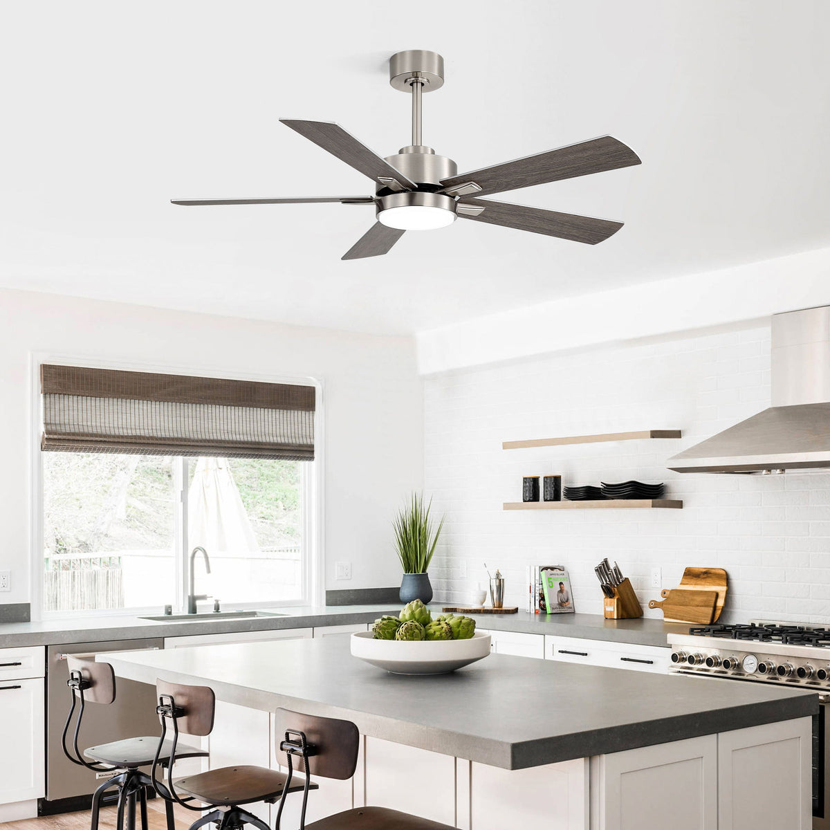 Stainless steel ceiling fan with dark reversible blades and integrated LED light