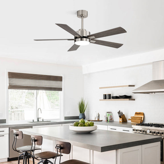 Stainless steel ceiling fan with dark reversible blades and integrated LED light