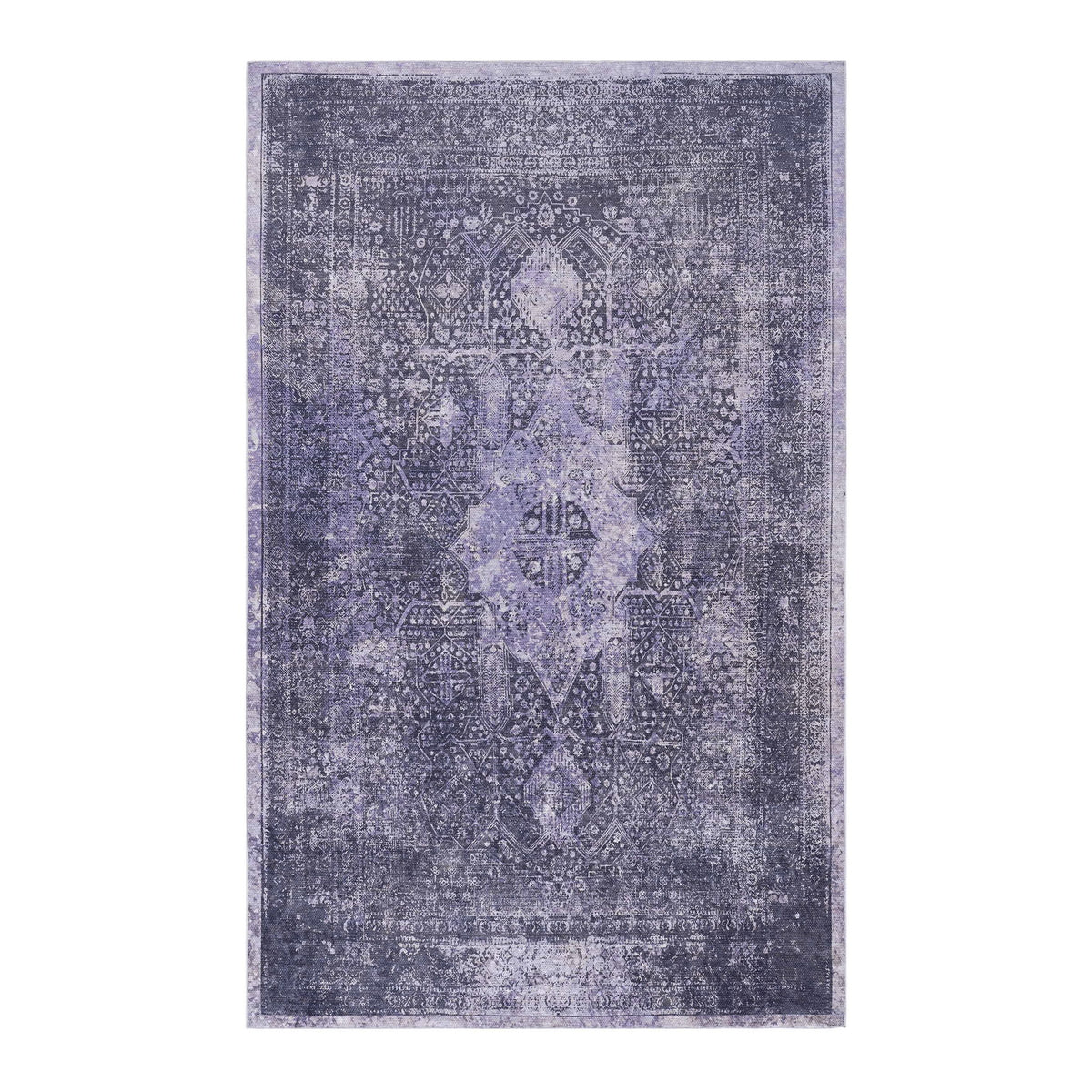 Blue washable area rug, rectangular, distressed ornate center medallion pattern.