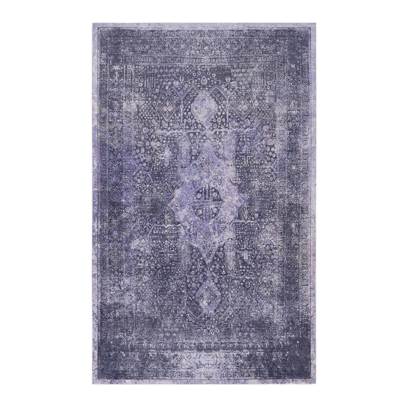 Blue washable area rug, rectangular, distressed ornate center medallion pattern.