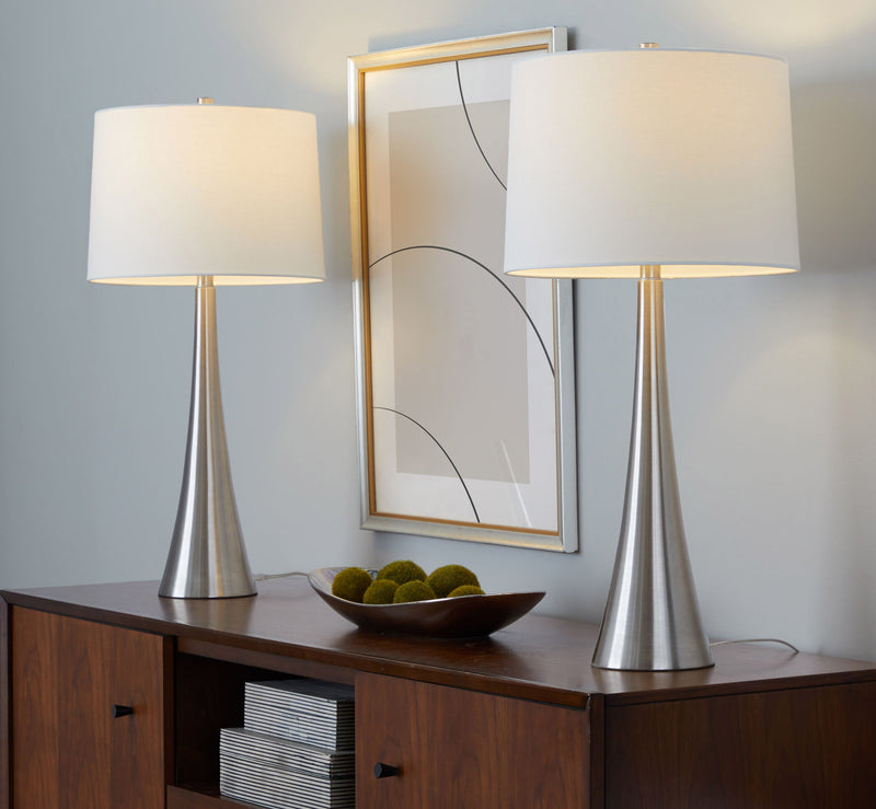Set of 2 table lamps with white fabric shades and silver tapered bases