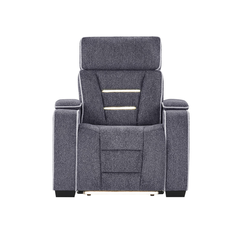 Gray reclining chair with storage arms, padded headrest and adjustable seat panels