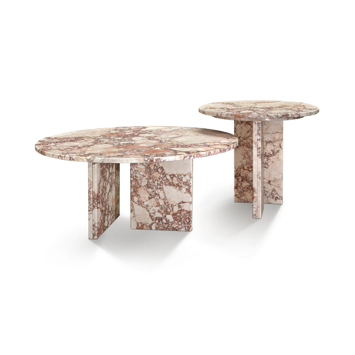 Beige and pink marble-look round coffee duo table set with two nesting tables