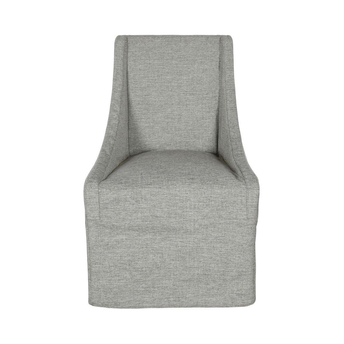 Gray upholstered rolling dining chair with wide cushioned seat and tall backrest.