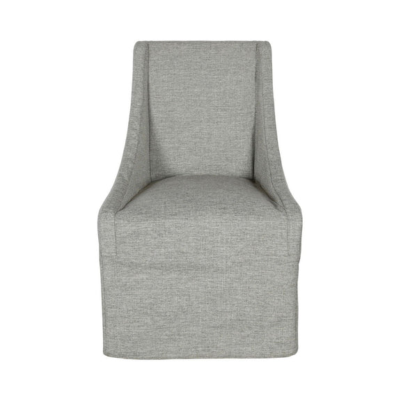 Gray upholstered rolling dining chair with wide cushioned seat and tall backrest.