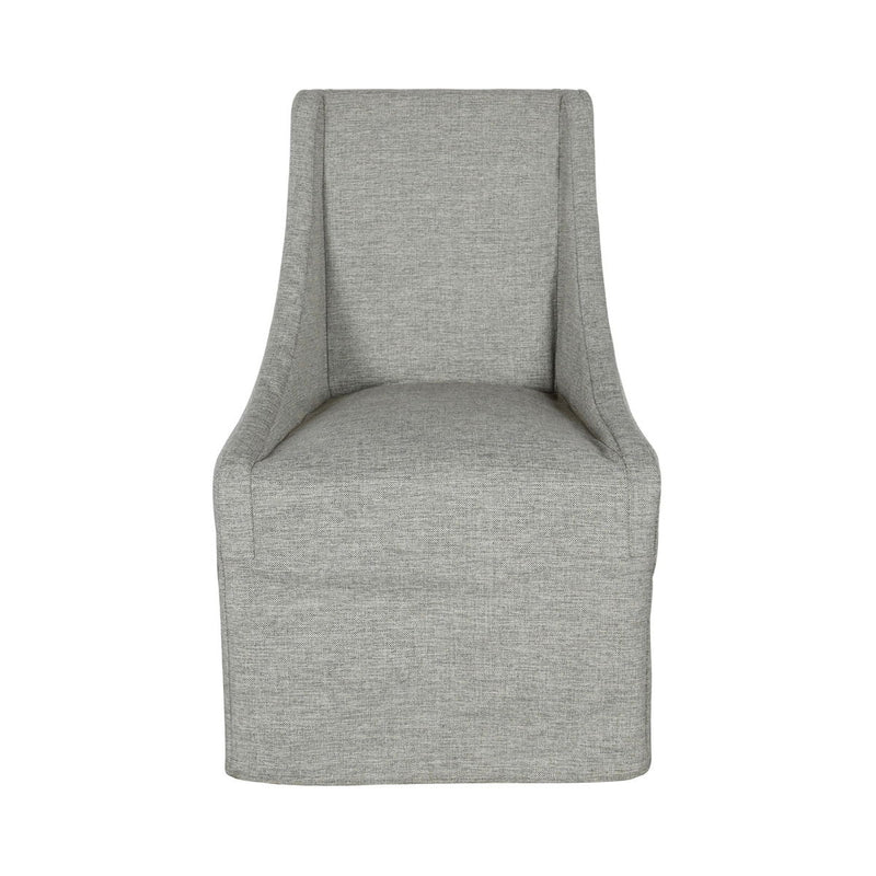 Gray upholstered rolling dining chair with wide cushioned seat and tall backrest.
