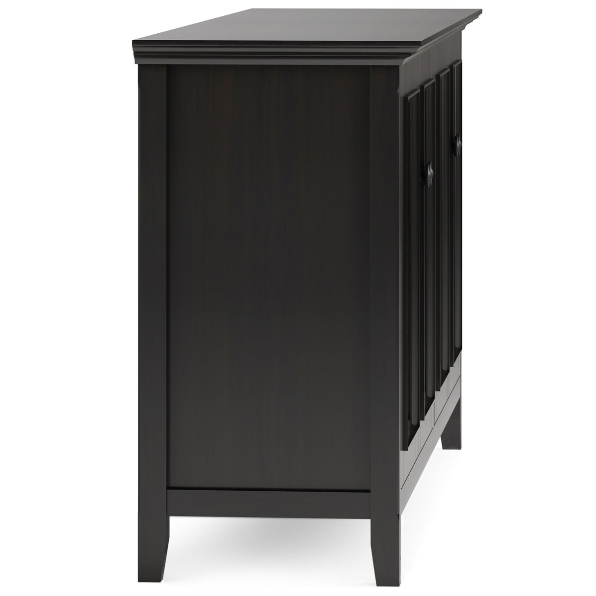 Side view of the dark brown storage cabinet, showing its solid side panel and raised top