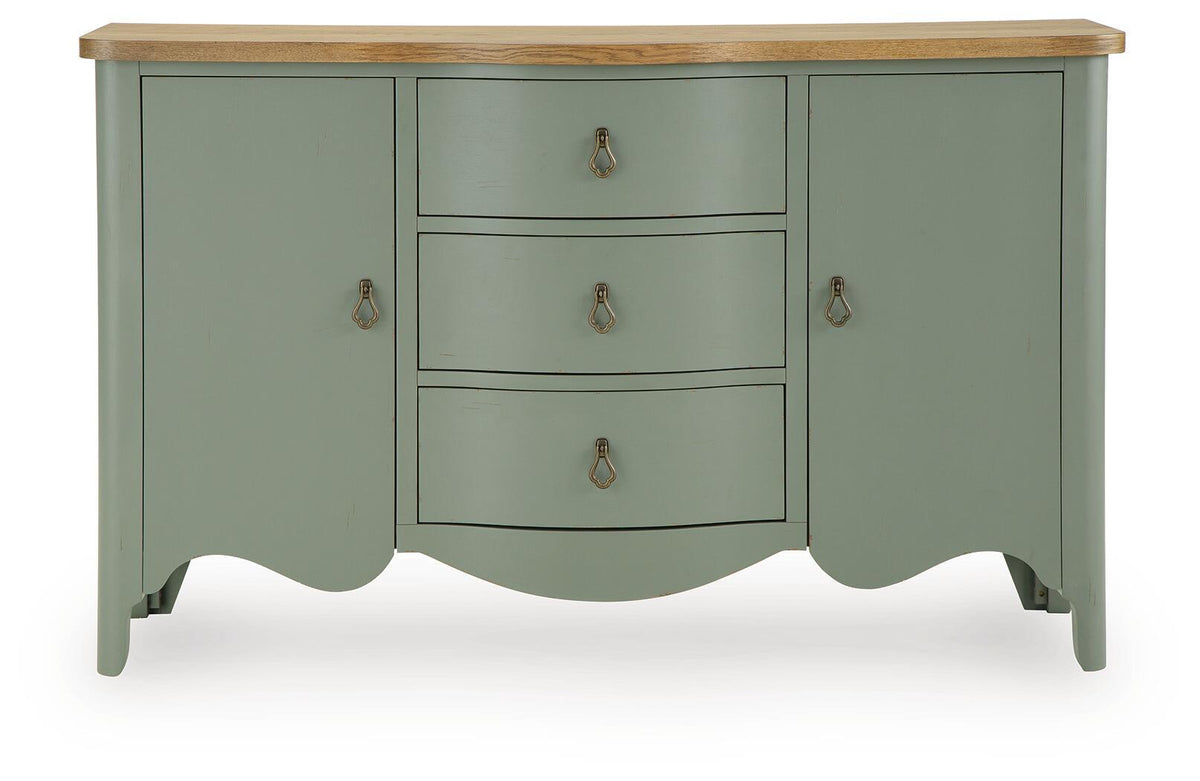Antique green accent cabinet with wood top, three drawers and scalloped base