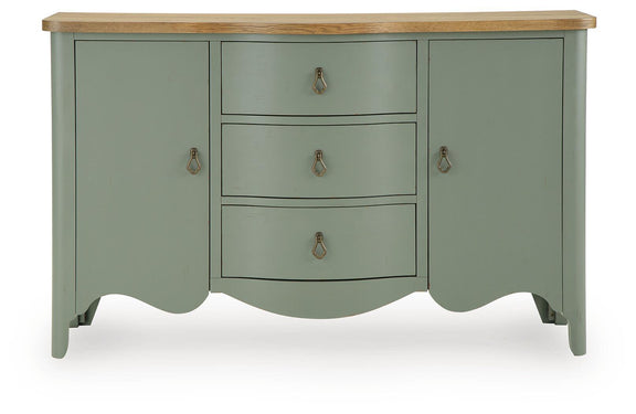 Antique green accent cabinet with wood top, three drawers and scalloped base