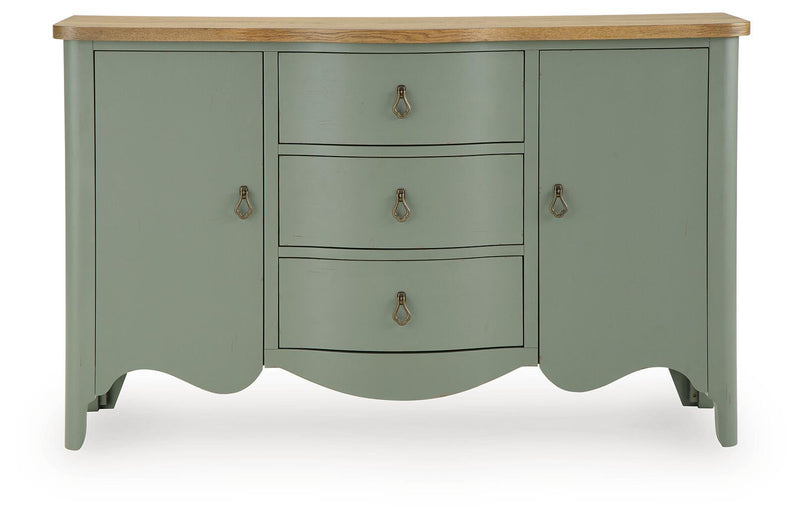 Antique green accent cabinet with wood top, three drawers and scalloped base