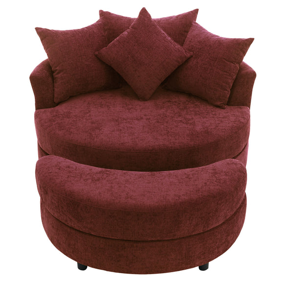 Burgundy round accent barrel chair with padded arms and four decorative throw pillows