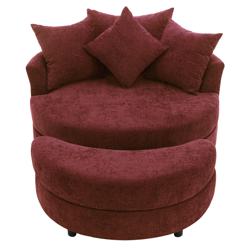Burgundy round accent barrel chair with padded arms and four decorative throw pillows