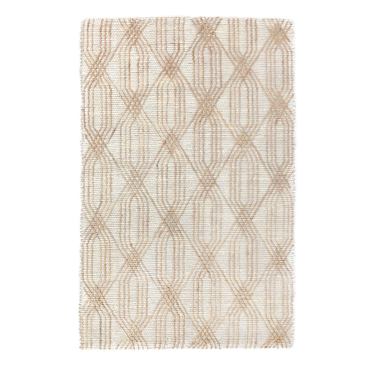 Beige area rug with repeating diamond lattice pattern and textured woven surface