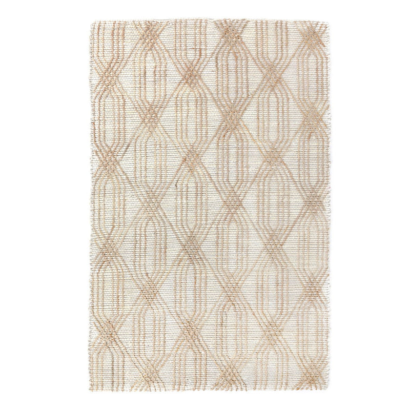 Ivory natural fiber area rug with tan geometric lattice lines and fringed edges.