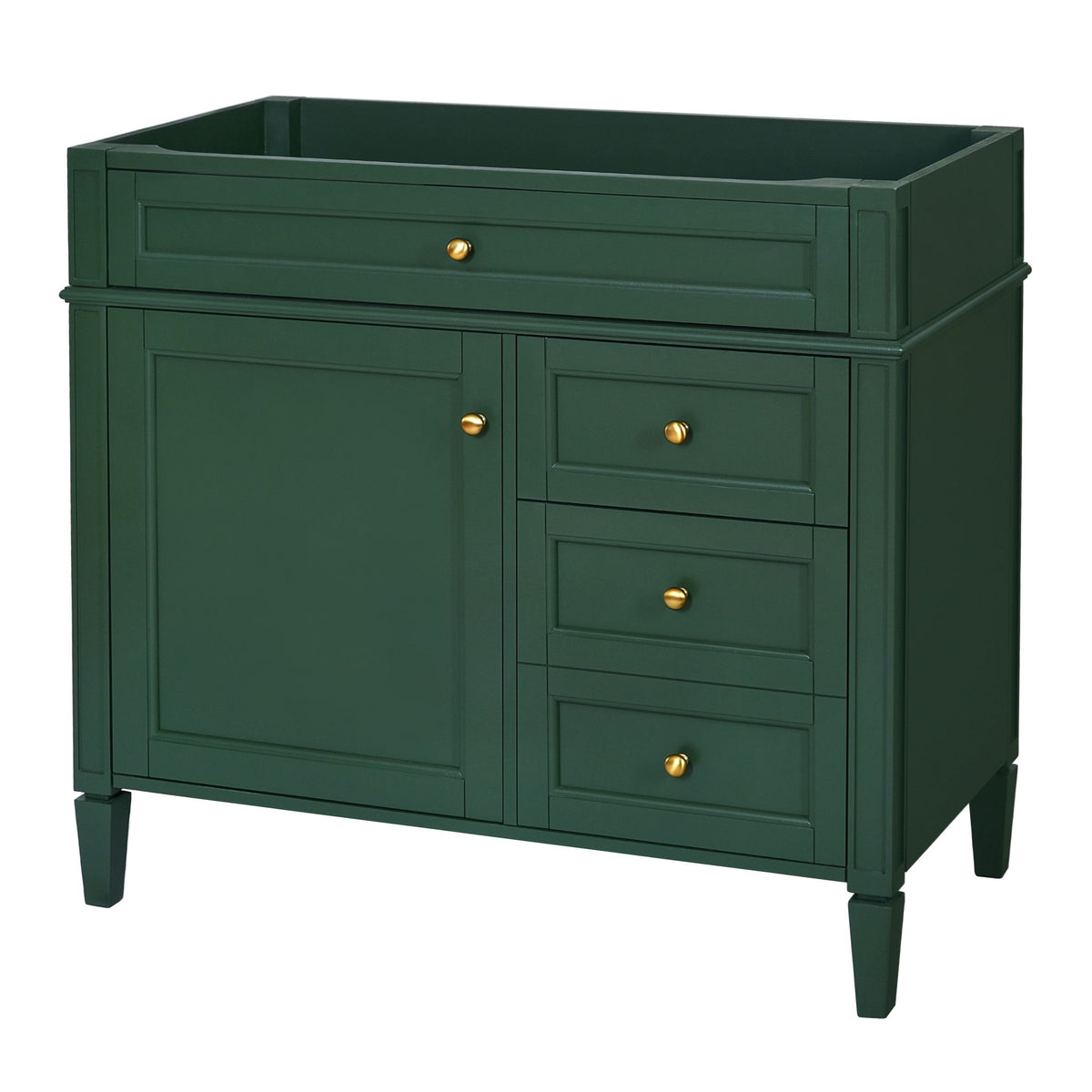 Green bathroom vanity with two drawers and side cabinet doors, closed front