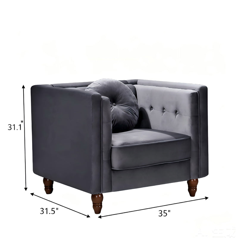 Charcoal tufted accent side chair with square arms and button-tufted back