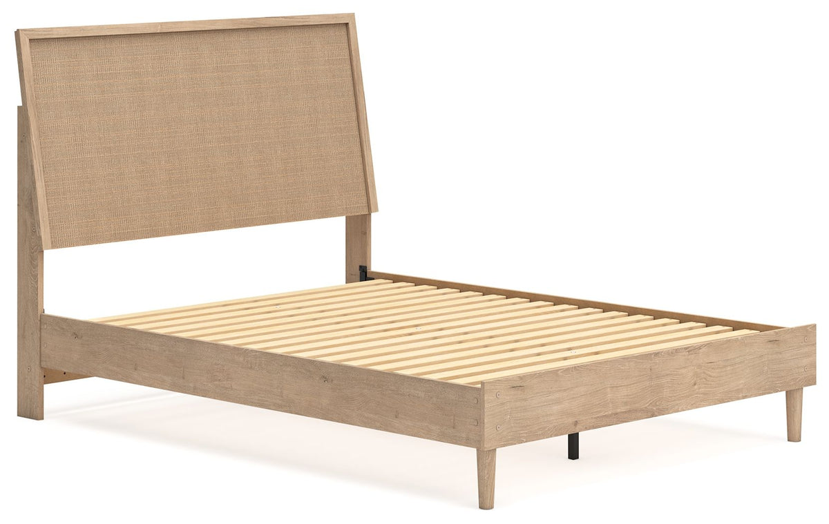 Beige panel bed frame with slatted mattress base and upholstered headboard