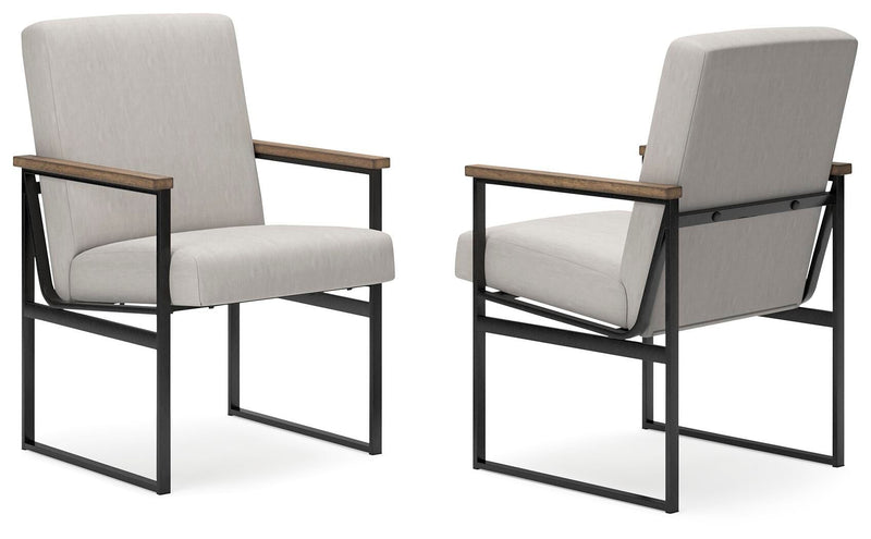 Set of two home office desk chairs, beige fabric with dark frames and wood armrests