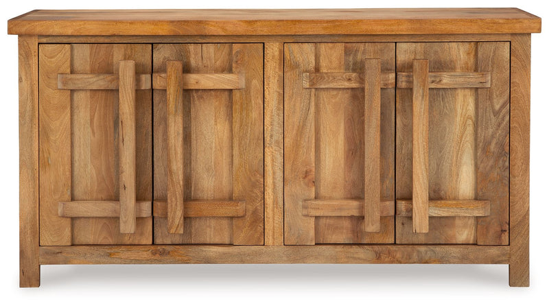 Natural wood accent cabinet front with four carved panel doors