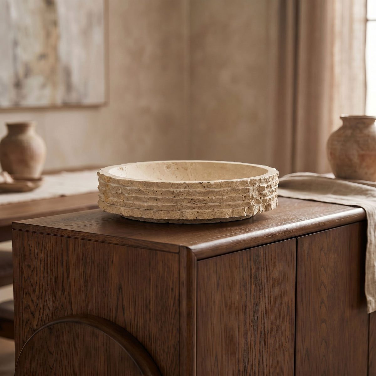 Genuine marble bowl, light beige/cream with layered stacked sides and flat rim