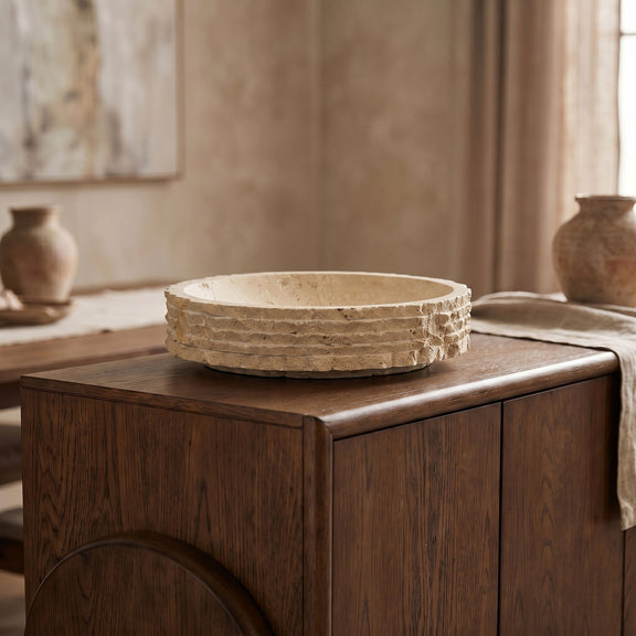 Genuine marble bowl, light beige/cream with layered stacked sides and flat rim
