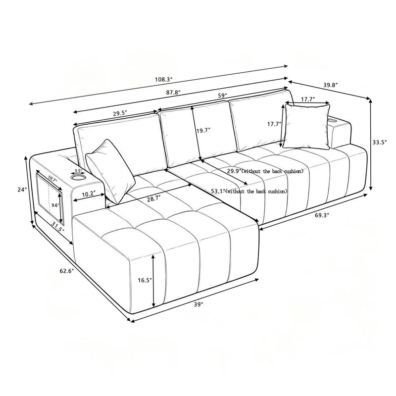 L - Shaped Sectional Sofa With Cup Holders & Side Pockets