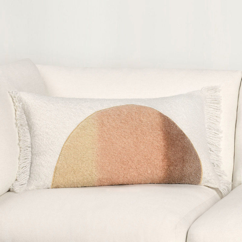Ivory pillow with textured arched yellow insert and white fringe edges
