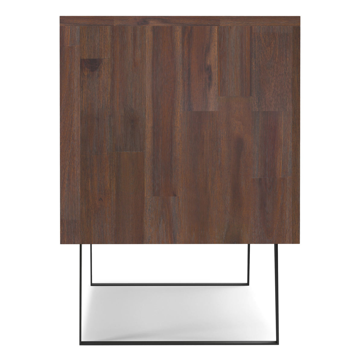 TV media stand base with dark wood panel and black metal legs
