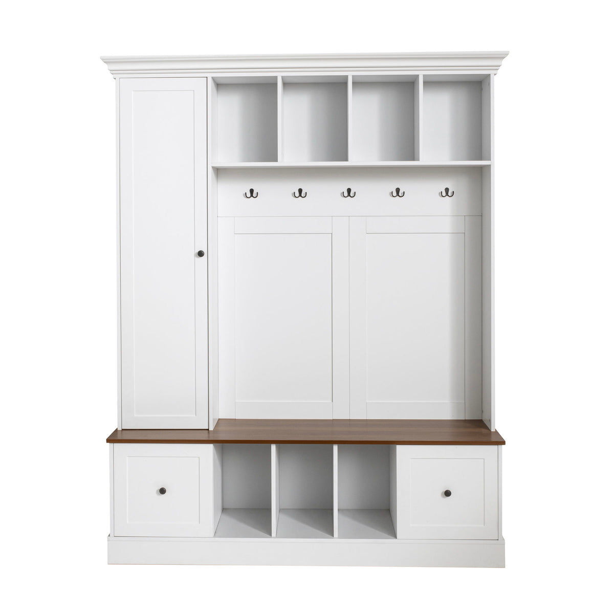 White hall tree cabinet with 5 hooks, open shelves, and shoe storage bench.