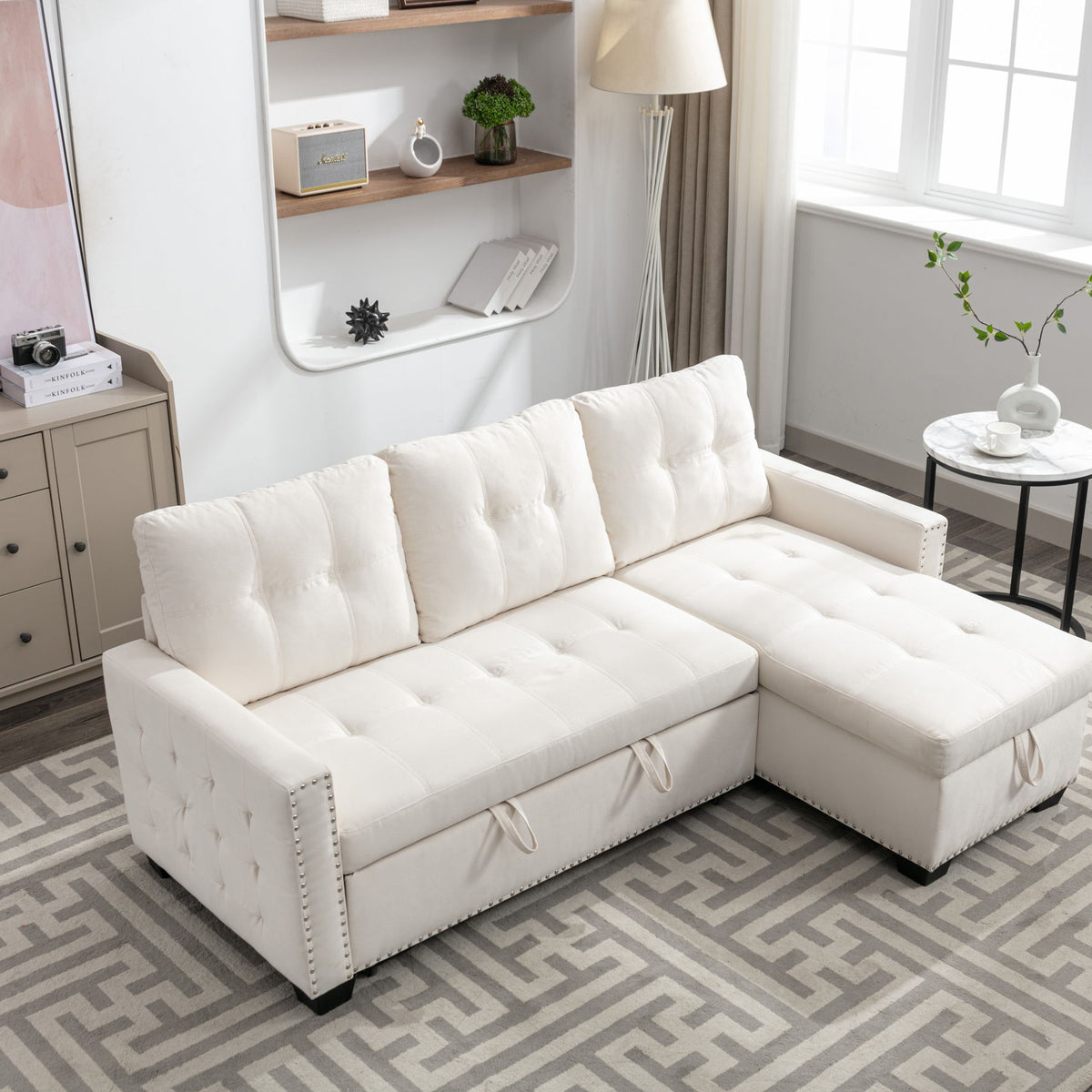 Reversible Sectional Storage Sleeper Sofa Bed, L-Shape 2 Seat Sectional Chaise With Storage, Skin-Feeling Velvet Fabric