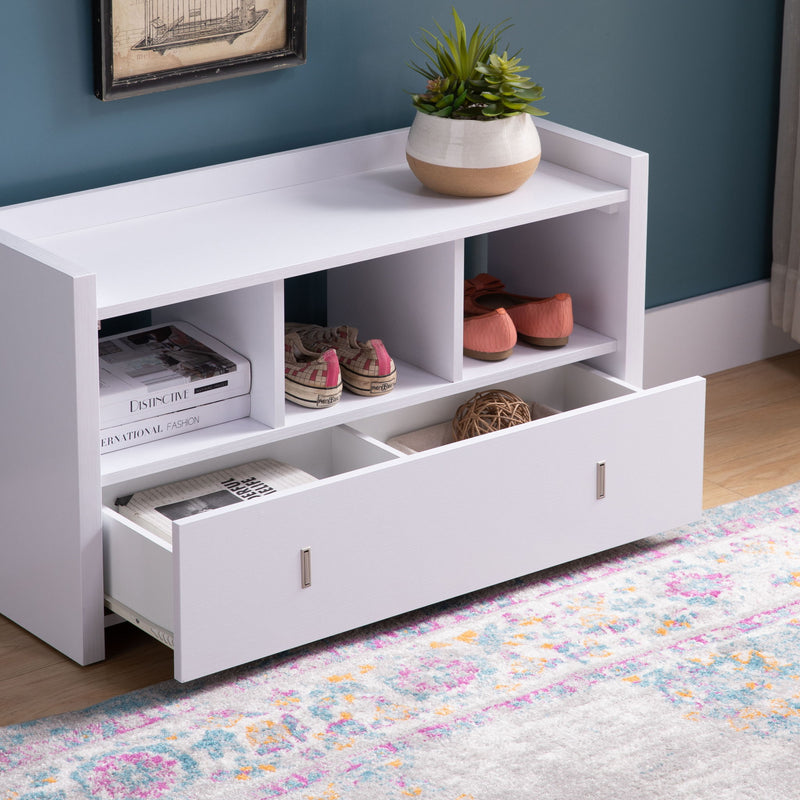 Shoe Entry Bench With Three Shelves, One Drawer With Divided Compartment