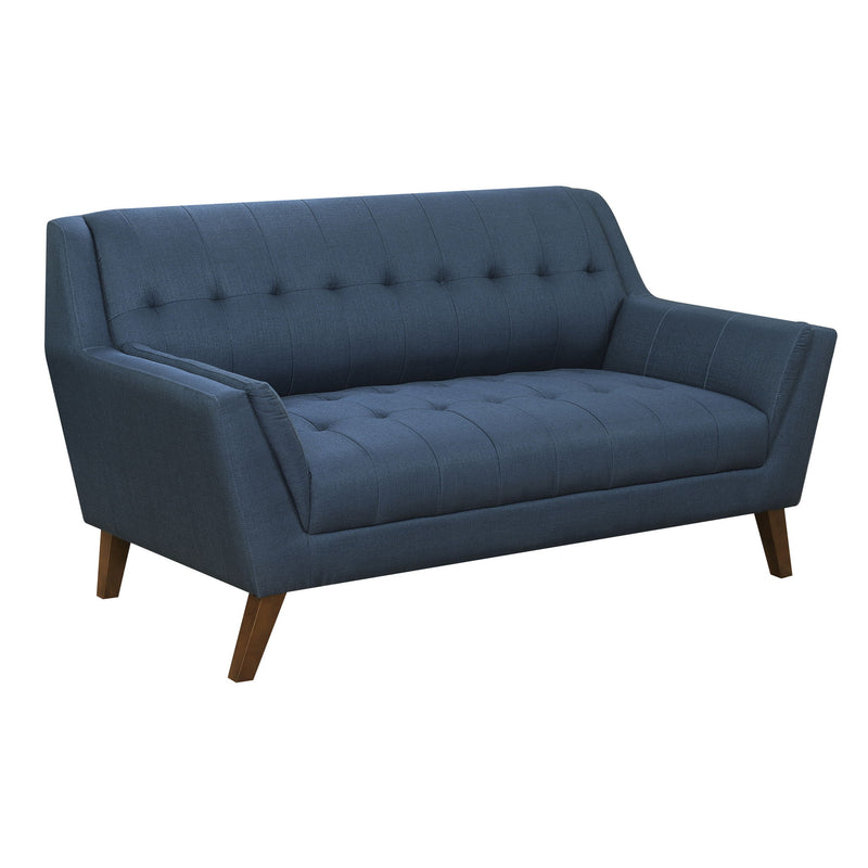 Blue fabric loveseat with tufted back, rolled arms, and tapered wooden legs.