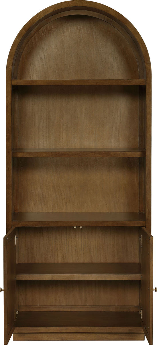 Dark brown arched bookcase with open front shelves and lower cabinet storage