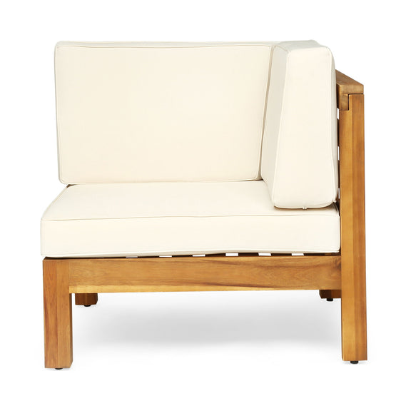 Outdoor love seat and coffee table set with cream cushions and light wood frame