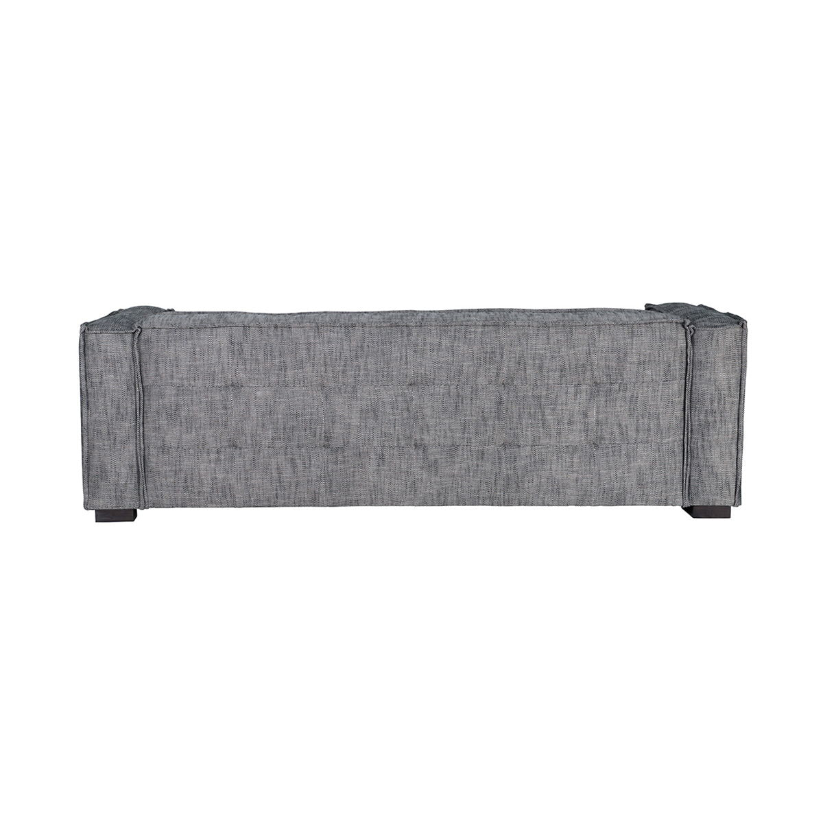 Gray fabric sofa back panel with tufted upholstery and dark wooden legs.