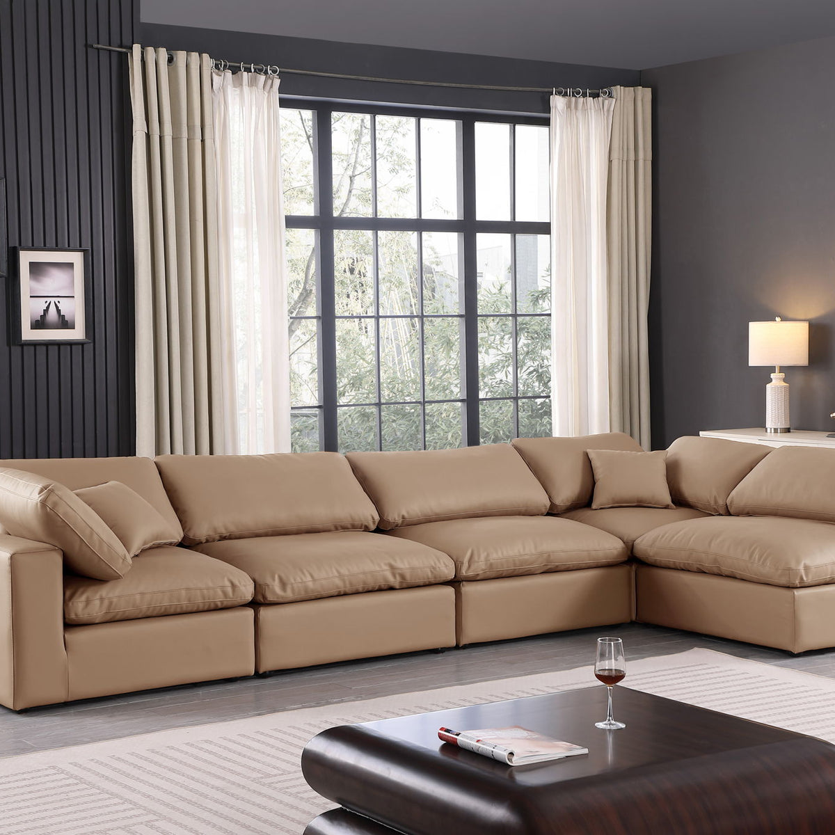 Comfy - 5 Piece Faux Leather Modular Sectional - Tan