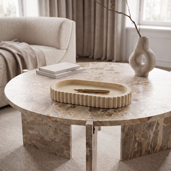 Travertine tray in light beige with scalloped edges