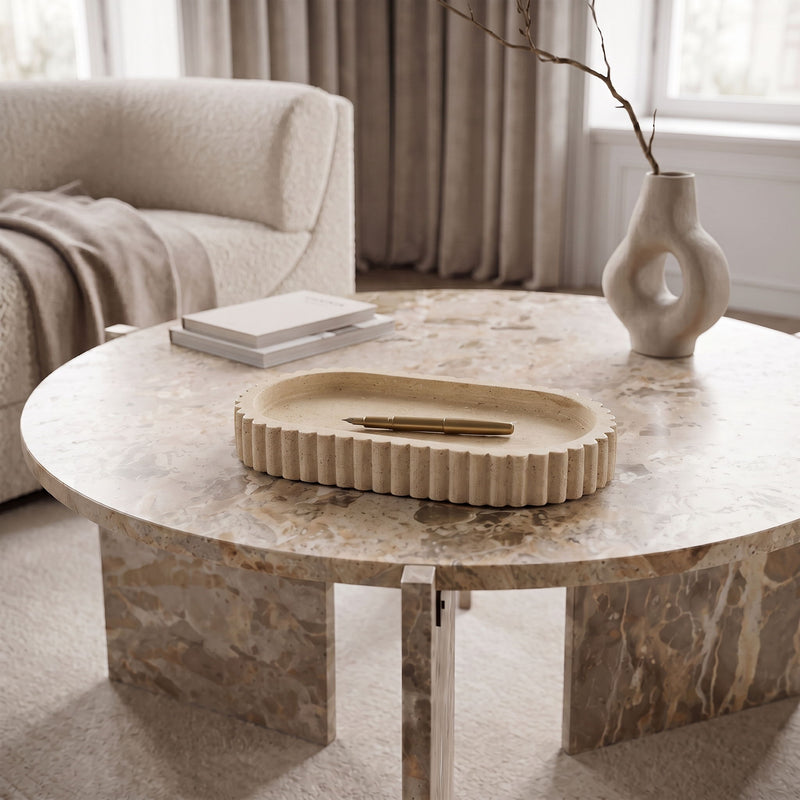 Travertine tray in light beige with scalloped edges