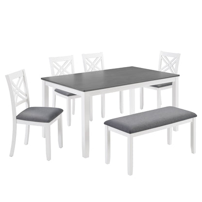 Dining table set with bench: gray tabletop, light gray seats, white chairs and bench