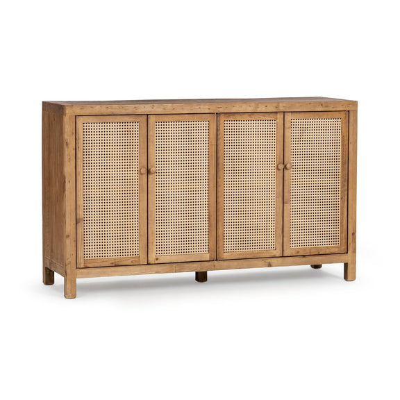 Natural wood cabinet with four perforated woven doors and tapered legs