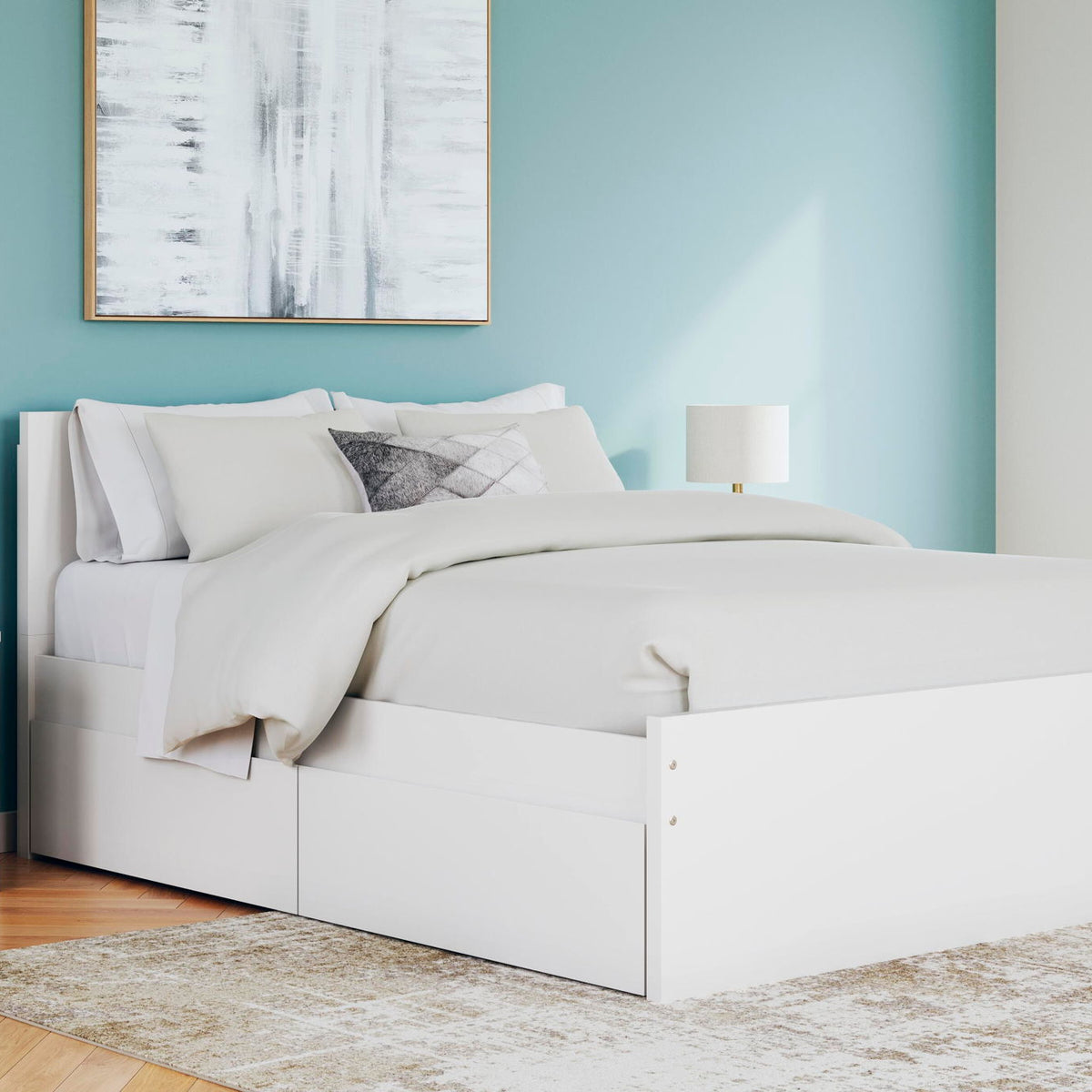 White panel platform bed with headboard, side storage drawers and bedding set