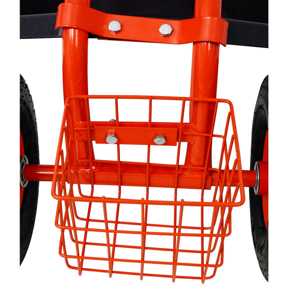 Orange wire front basket for a garden scooter cart, with metal frame supports