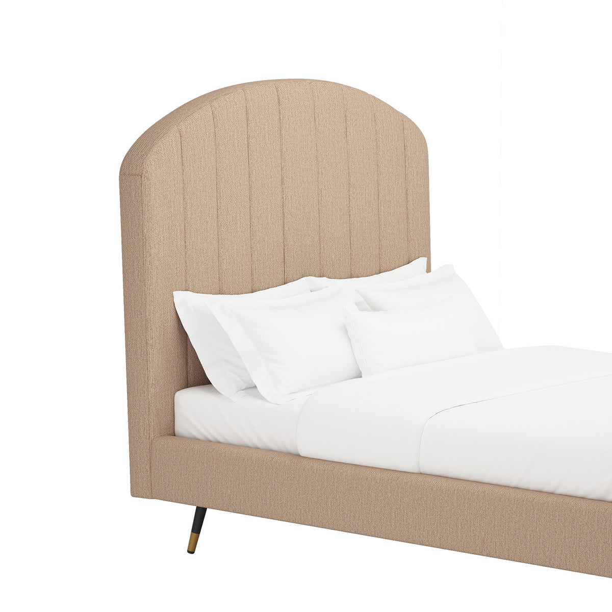 Light brown arched upholstered headboard and platform bed with white bedding