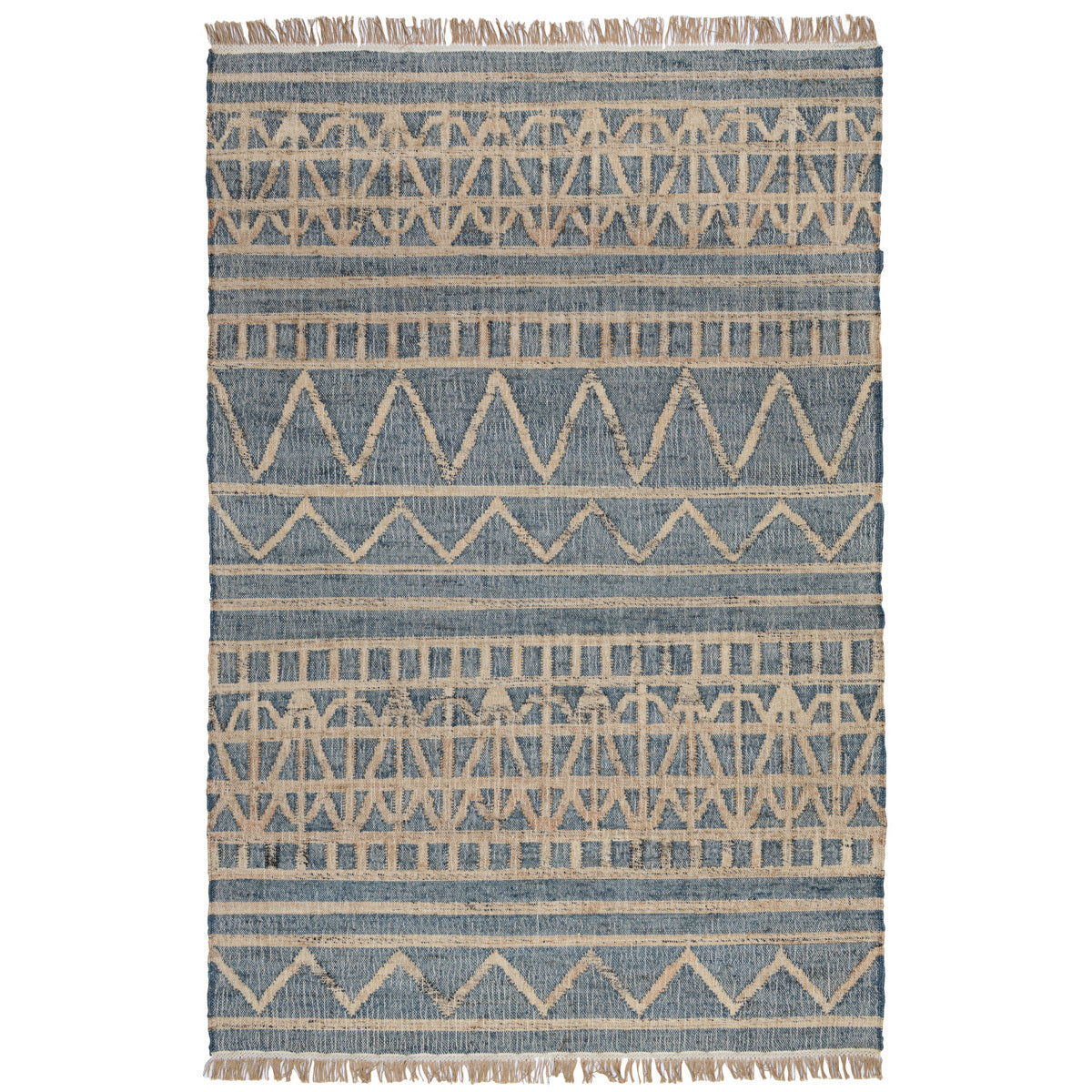 Distressed rug with blue and tan geometric stripes and fringe edges