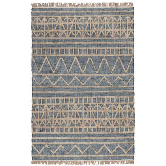 Distressed rug with blue and tan geometric stripes and fringe edges
