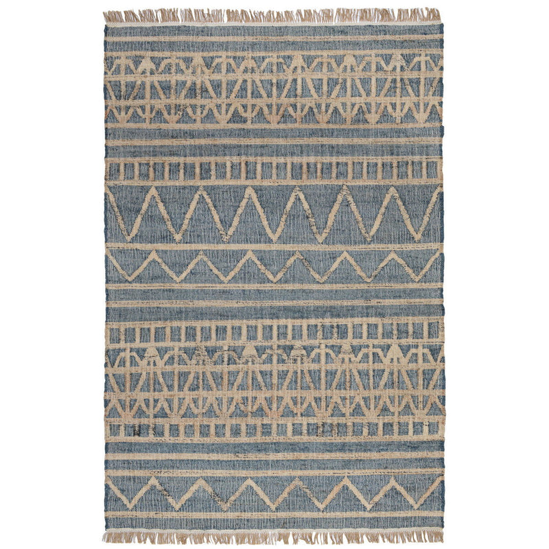 Distressed rug with blue and tan geometric stripes and fringe edges