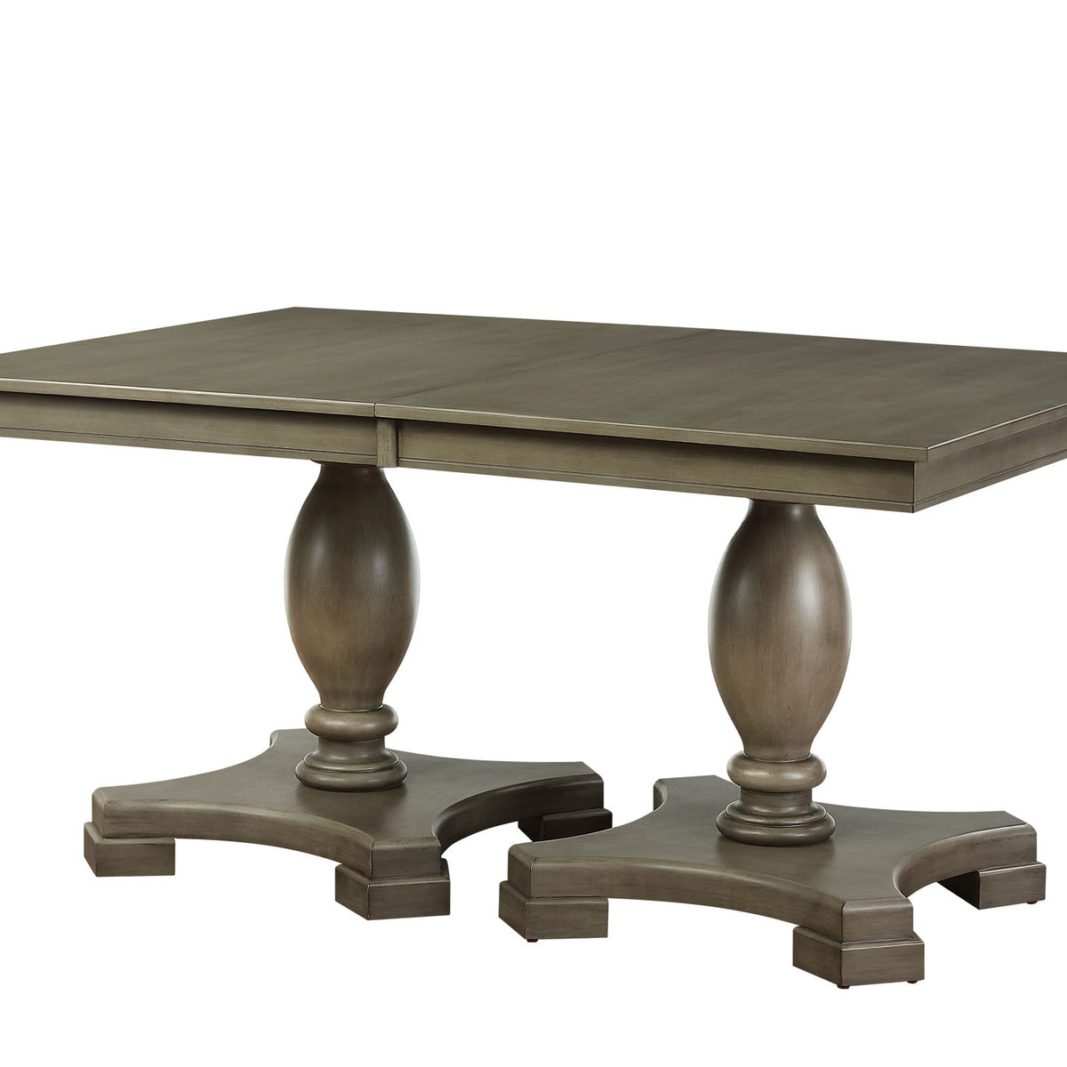 Rectangular dining table with dark gray tabletop and pedestal base legs