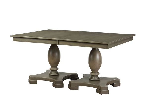 Rectangular dining table with dark gray tabletop and pedestal base legs