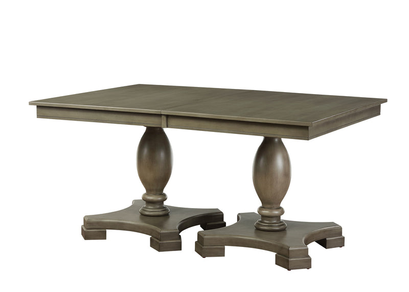 Rectangular dining table with dark gray tabletop and pedestal base legs